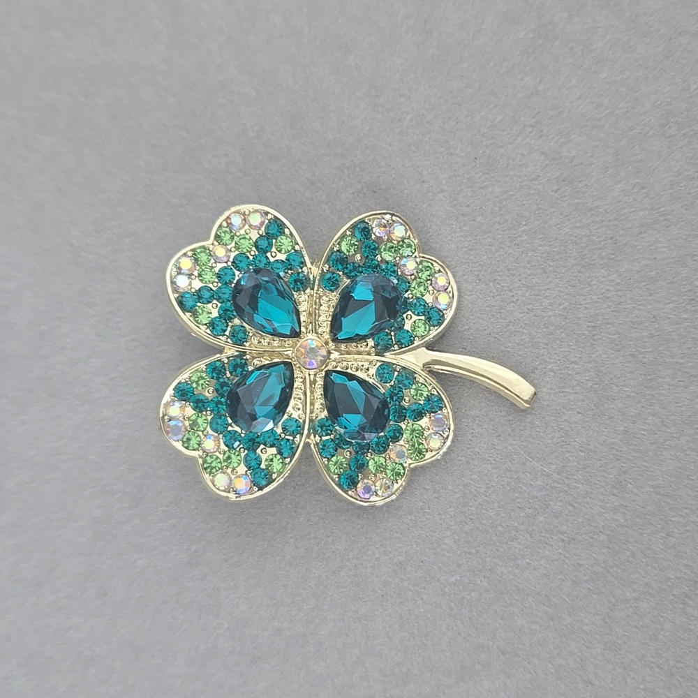 Gold-Tone Green Crystal Four-Leaf Clover Brooch☘️